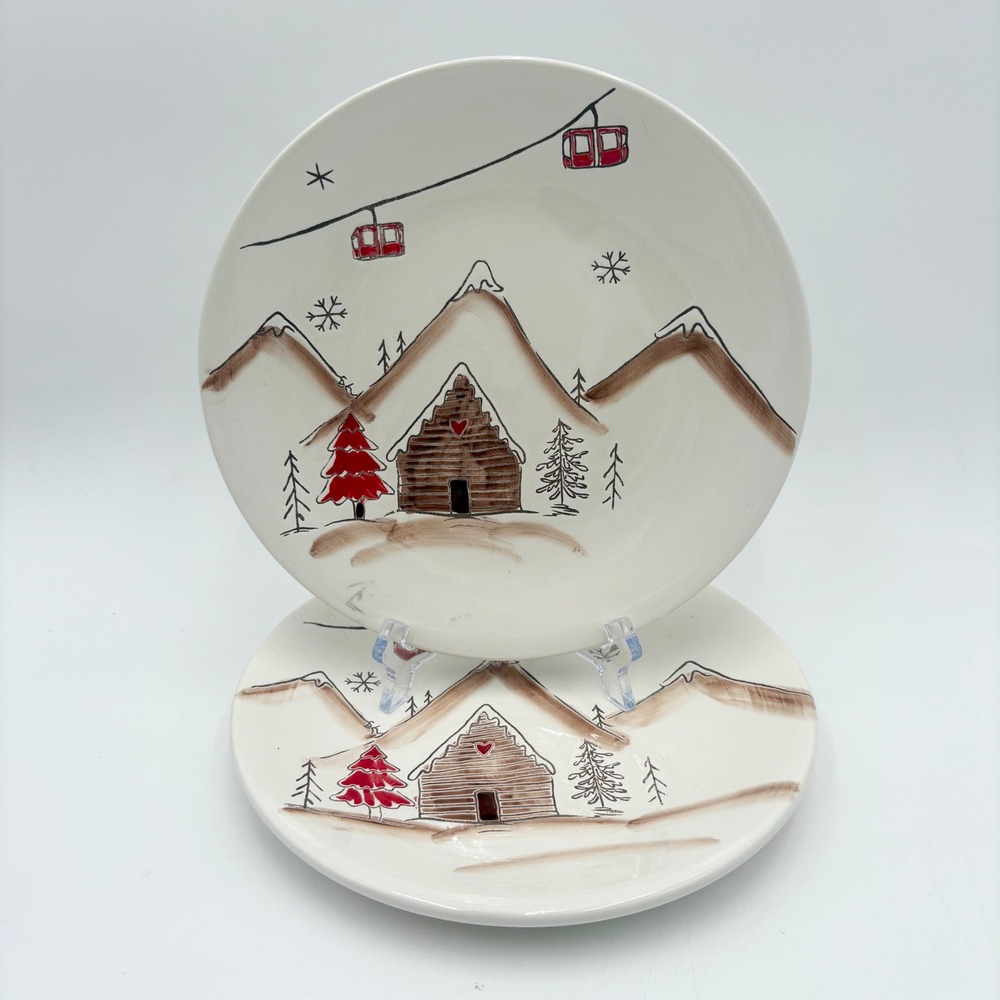 Potter's Studio Winter Ski Lodge Scene Plates Set of 2 Holiday Decor